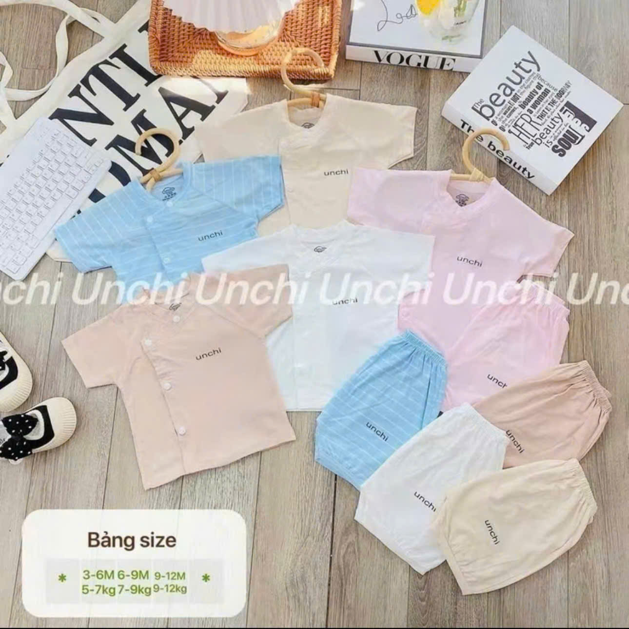 ( UC3 ) Bộ cộc tay sơ sinh Unchi vải petit mềm mịn màu trơn cho bé 0-9 tháng