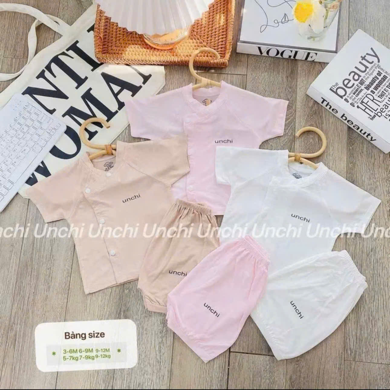 ( UC3 ) Bộ cộc tay sơ sinh Unchi vải petit mềm mịn màu trơn cho bé 0-9 tháng — ảnh 2