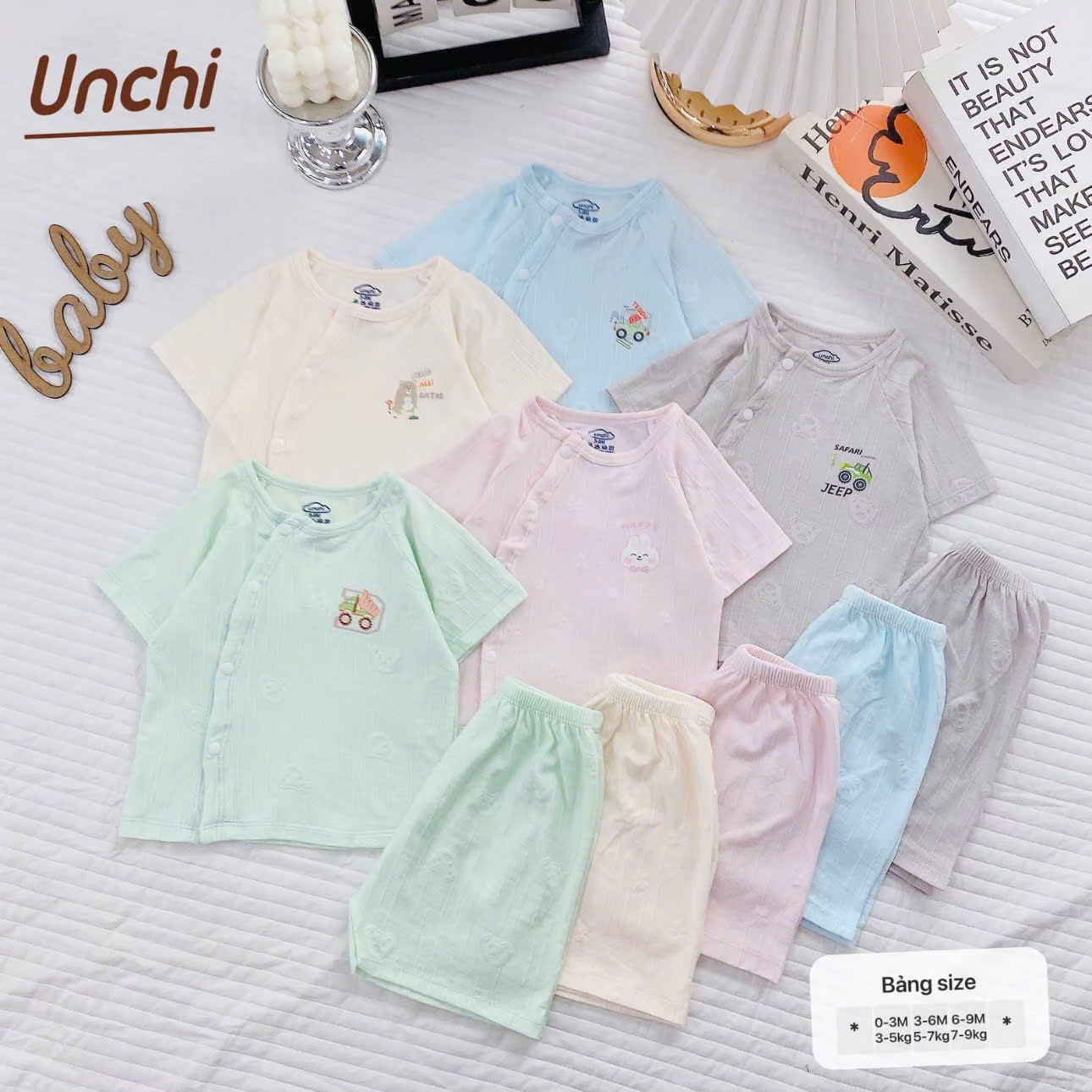 ( UC5 ) Bộ cộc tay thông hơi Unchi chất petit cho bé 0–9 tháng