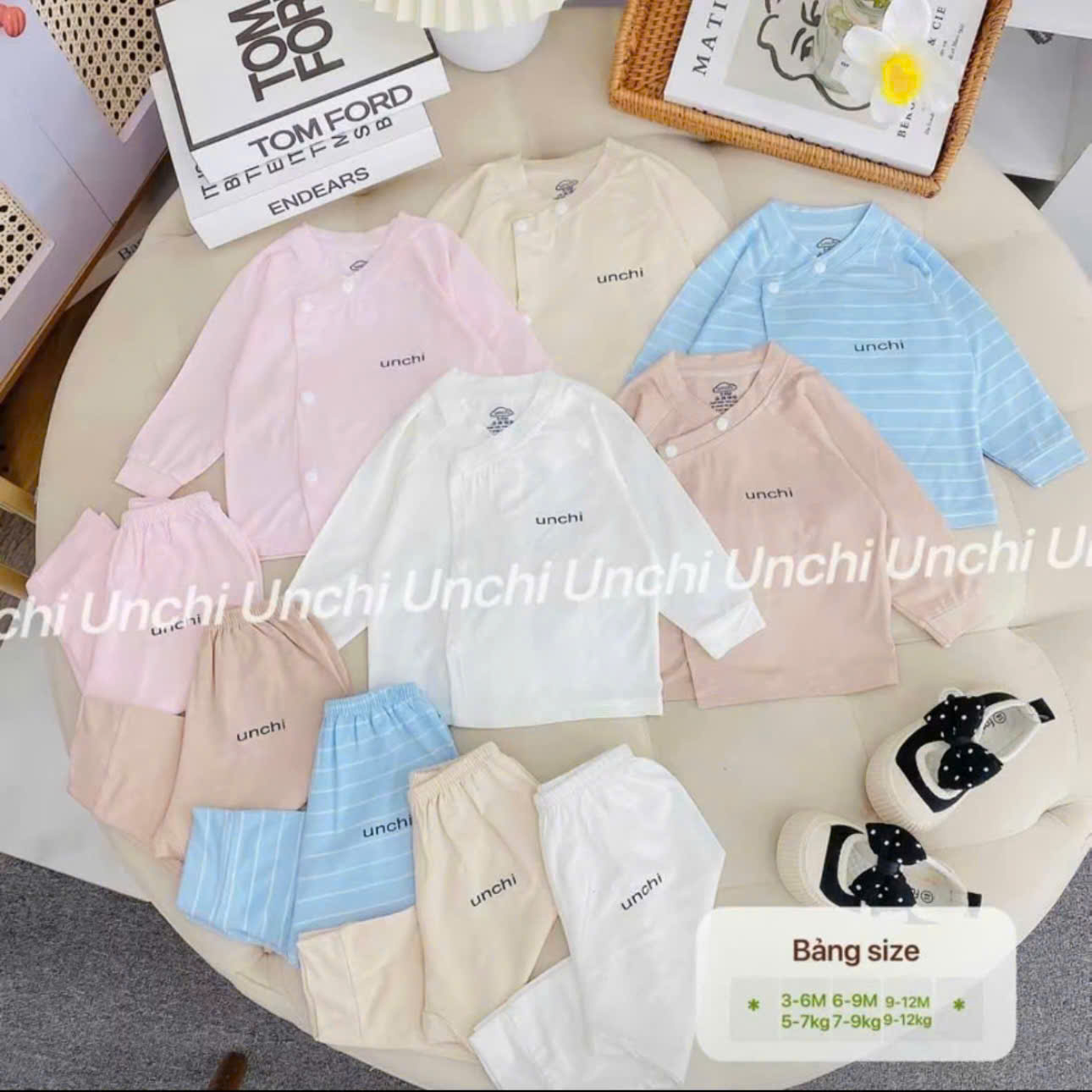 ( UD3 ) Bộ dài tay sơ sinh Unchi khuy bấm màu trơn, chất petit mềm mịn cho bé 0-9 tháng
