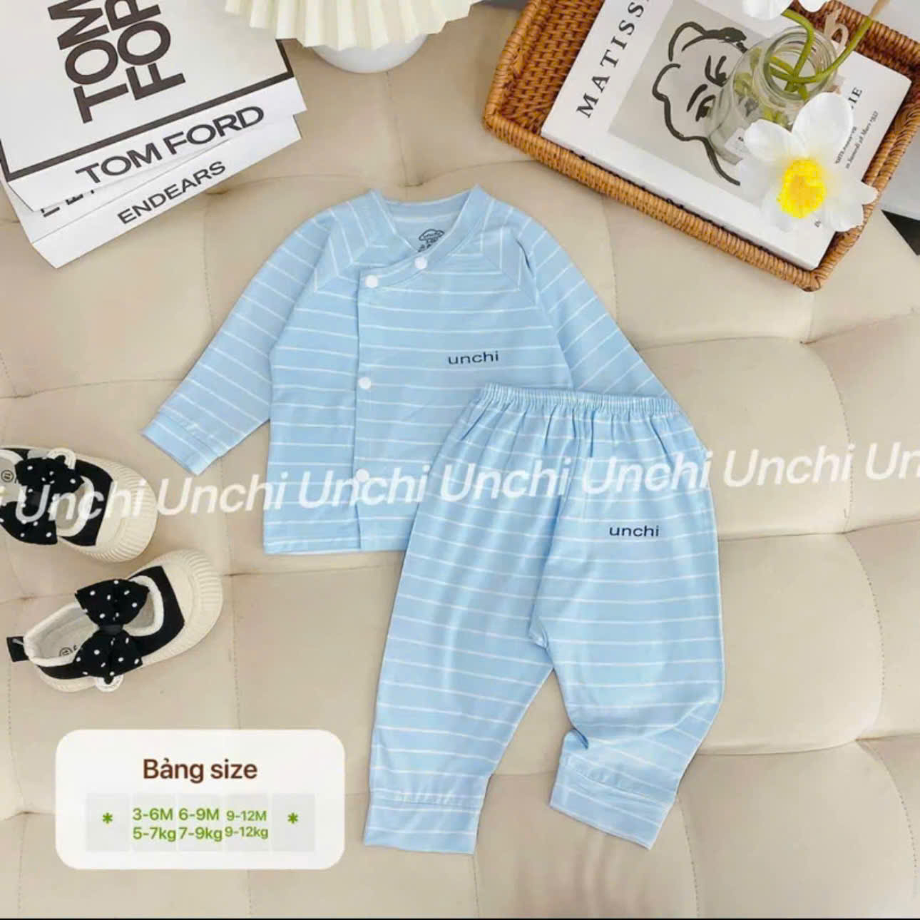 ( UD3 ) Bộ dài tay sơ sinh Unchi khuy bấm màu trơn, chất petit mềm mịn cho bé 0-9 tháng — ảnh 3