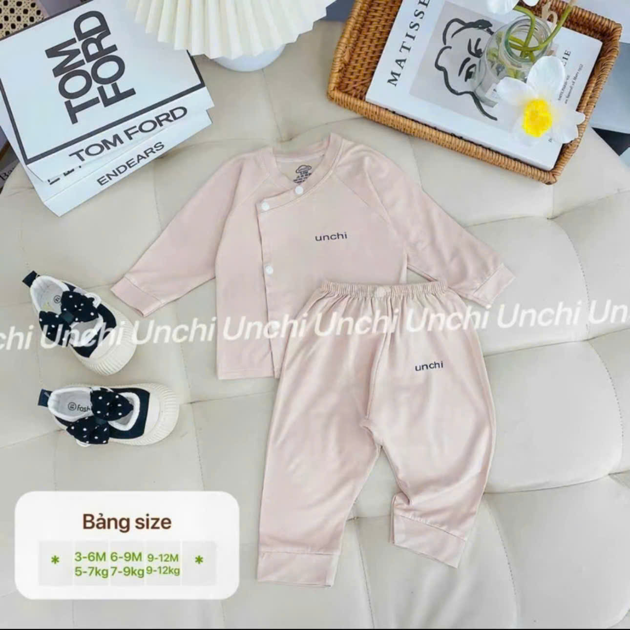 ( UD3 ) Bộ dài tay sơ sinh Unchi khuy bấm màu trơn, chất petit mềm mịn cho bé 0-9 tháng — ảnh 4