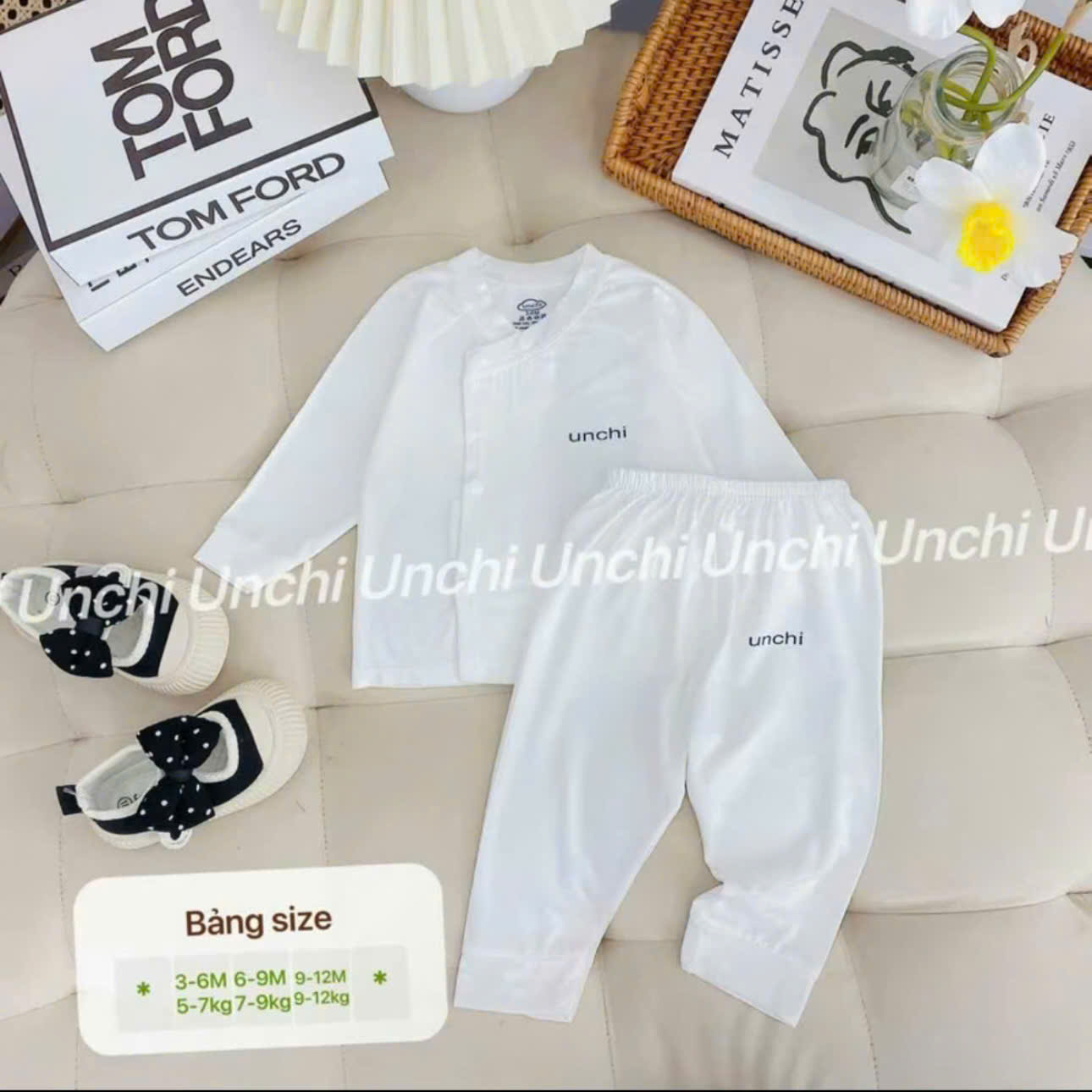 ( UD3 ) Bộ dài tay sơ sinh Unchi khuy bấm màu trơn, chất petit mềm mịn cho bé 0-9 tháng — ảnh 5