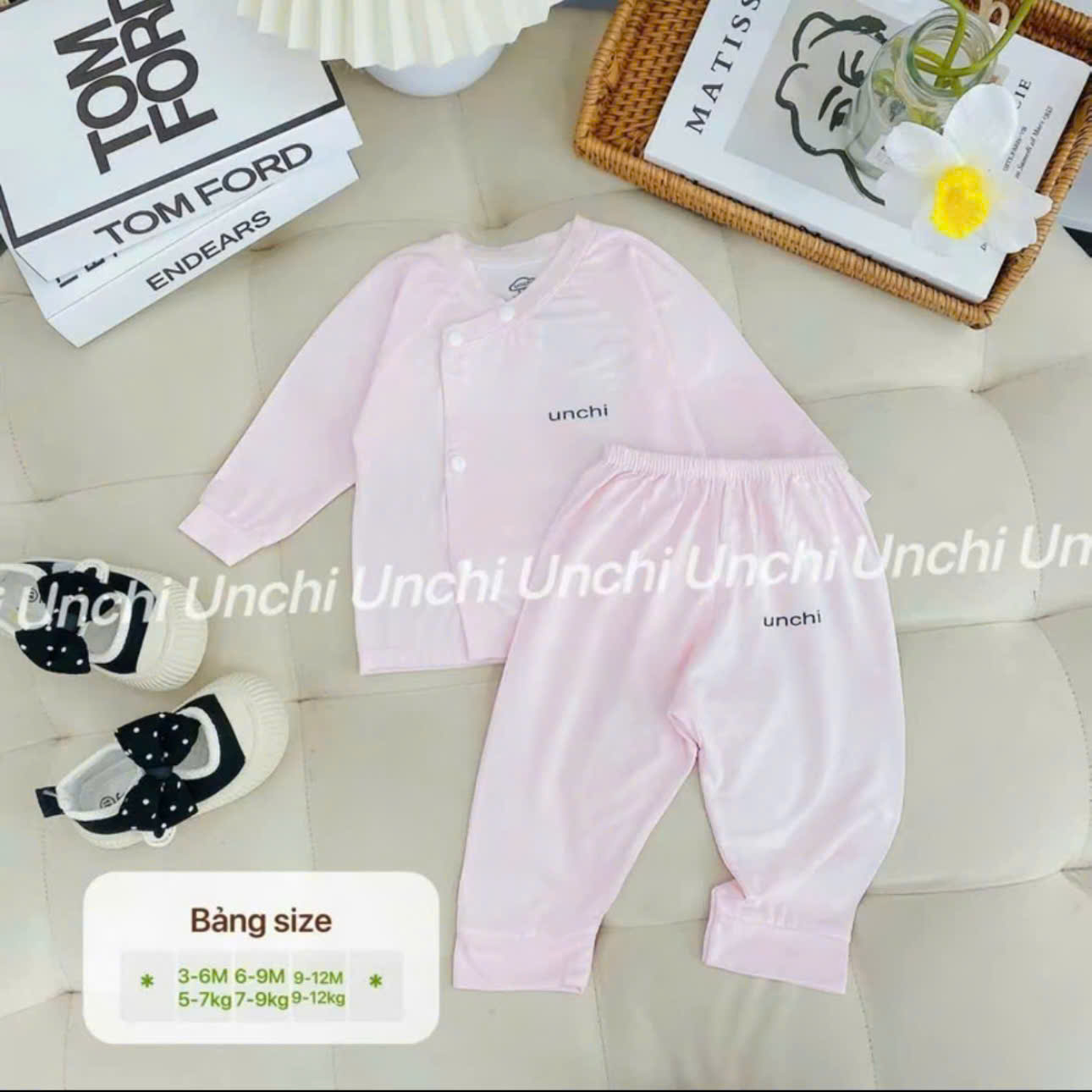 ( UD3 ) Bộ dài tay sơ sinh Unchi khuy bấm màu trơn, chất petit mềm mịn cho bé 0-9 tháng — ảnh 6