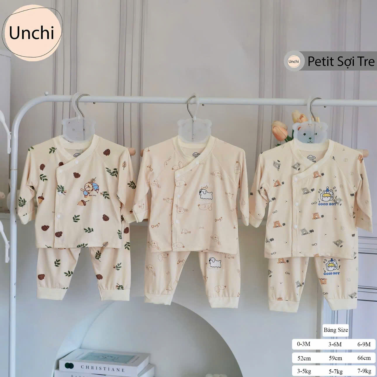 ( UD6 ) Bộ dài tay sơ sinh Unchi nền kem, chất petit họa tiết xinh cho bé 0-9 tháng