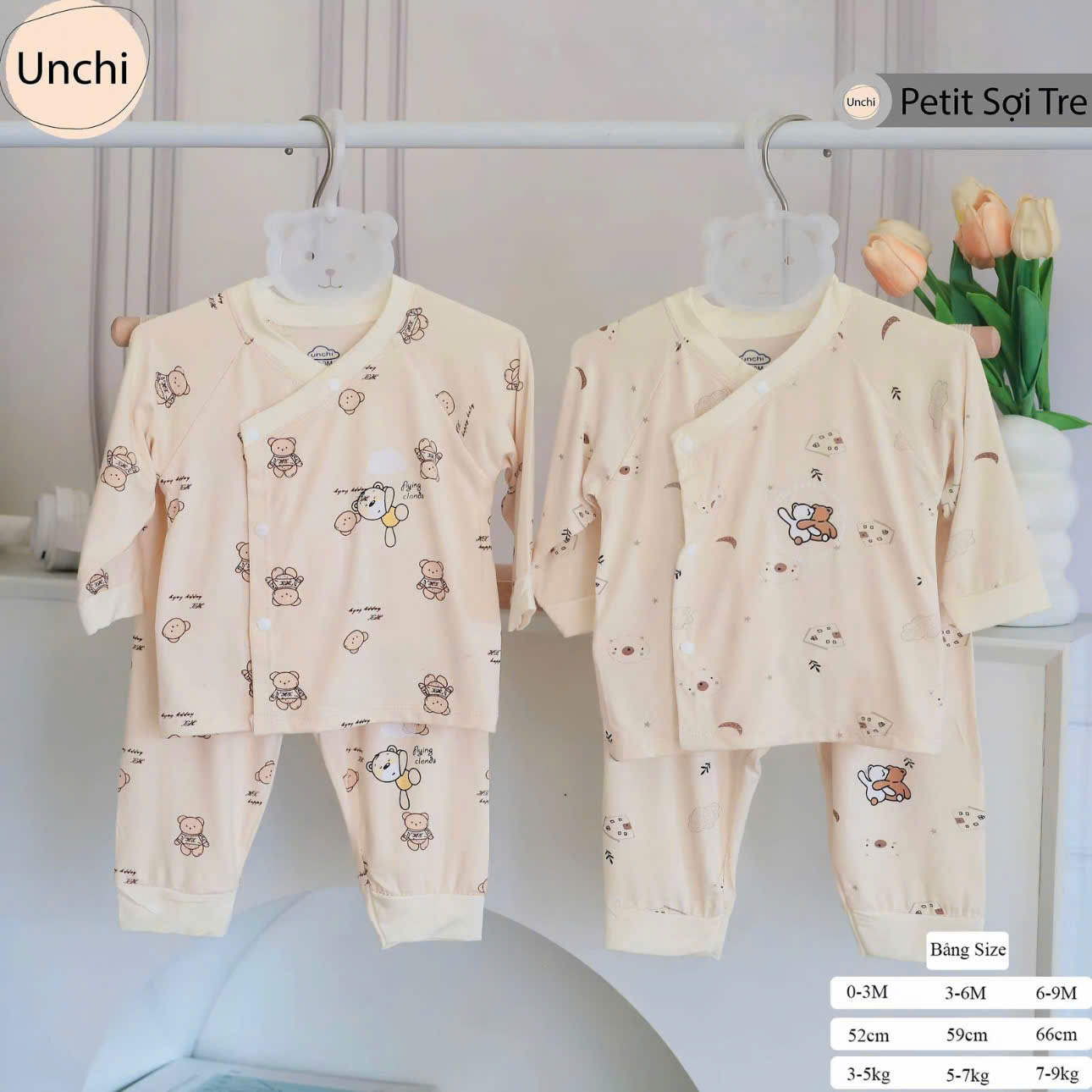 ( UD6 ) Bộ dài tay sơ sinh Unchi nền kem, chất petit họa tiết xinh cho bé 0-9 tháng — ảnh 2