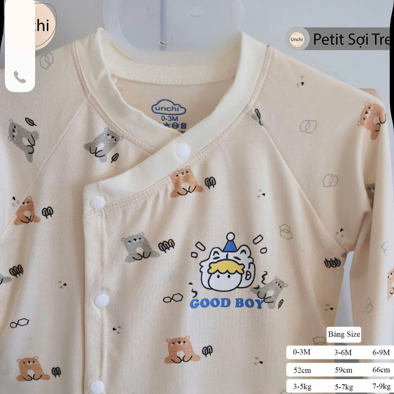 ( UD6 ) Bộ dài tay sơ sinh Unchi nền kem, chất petit họa tiết xinh cho bé 0-9 tháng — ảnh 3