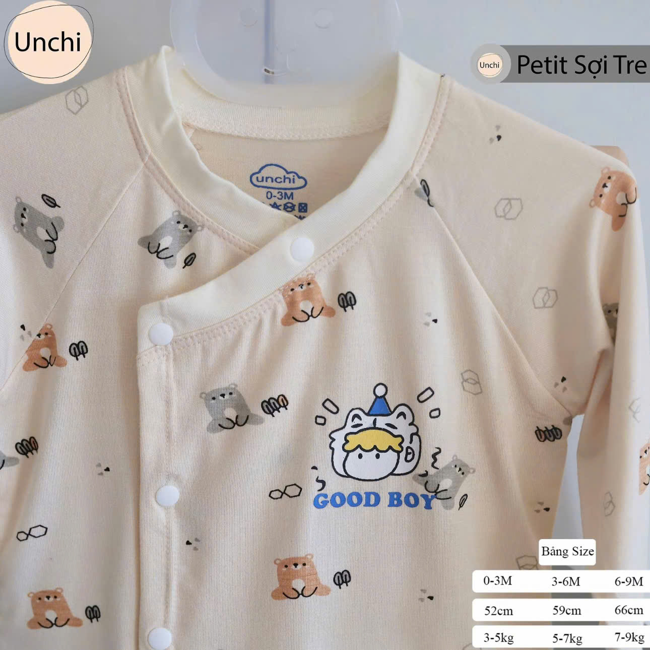 ( UD6 ) Bộ dài tay sơ sinh Unchi nền kem, chất petit họa tiết xinh cho bé 0-9 tháng — ảnh 4