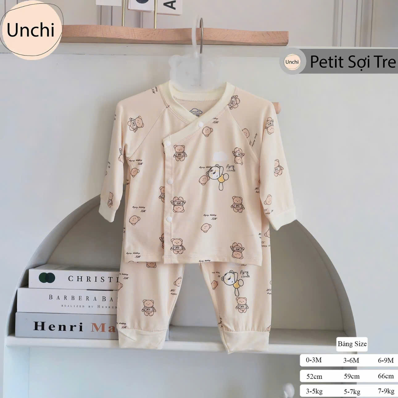 ( UD6 ) Bộ dài tay sơ sinh Unchi nền kem, chất petit họa tiết xinh cho bé 0-9 tháng — ảnh 5