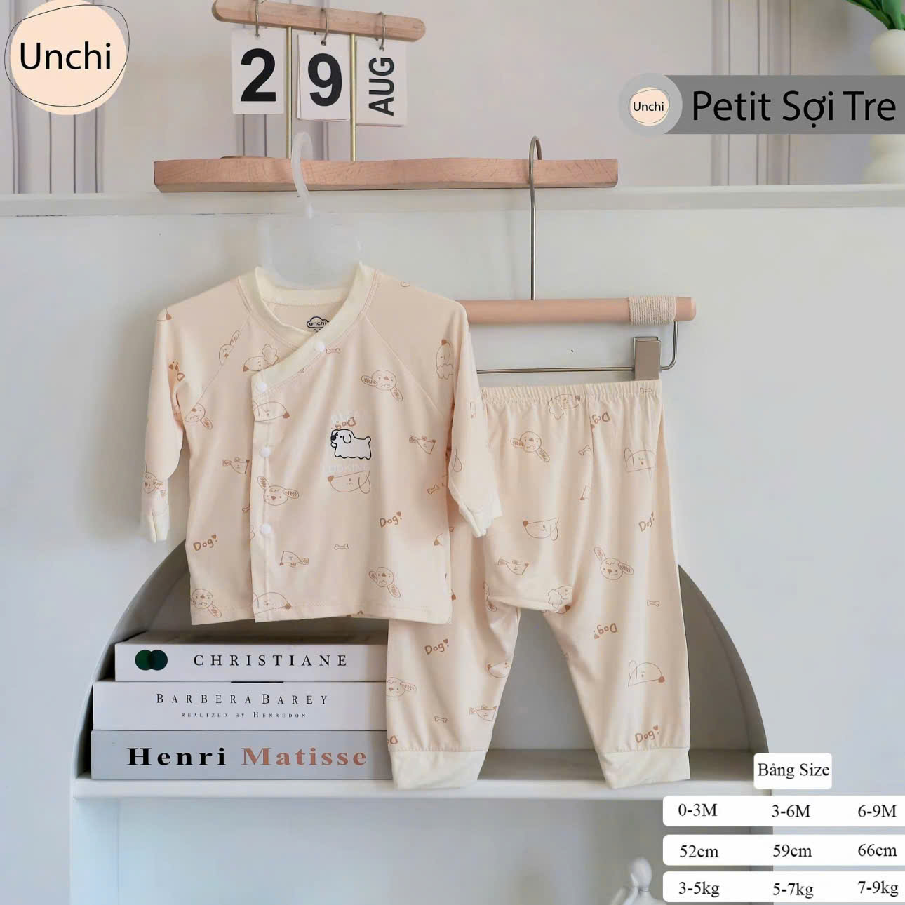 ( UD6 ) Bộ dài tay sơ sinh Unchi nền kem, chất petit họa tiết xinh cho bé 0-9 tháng — ảnh 6