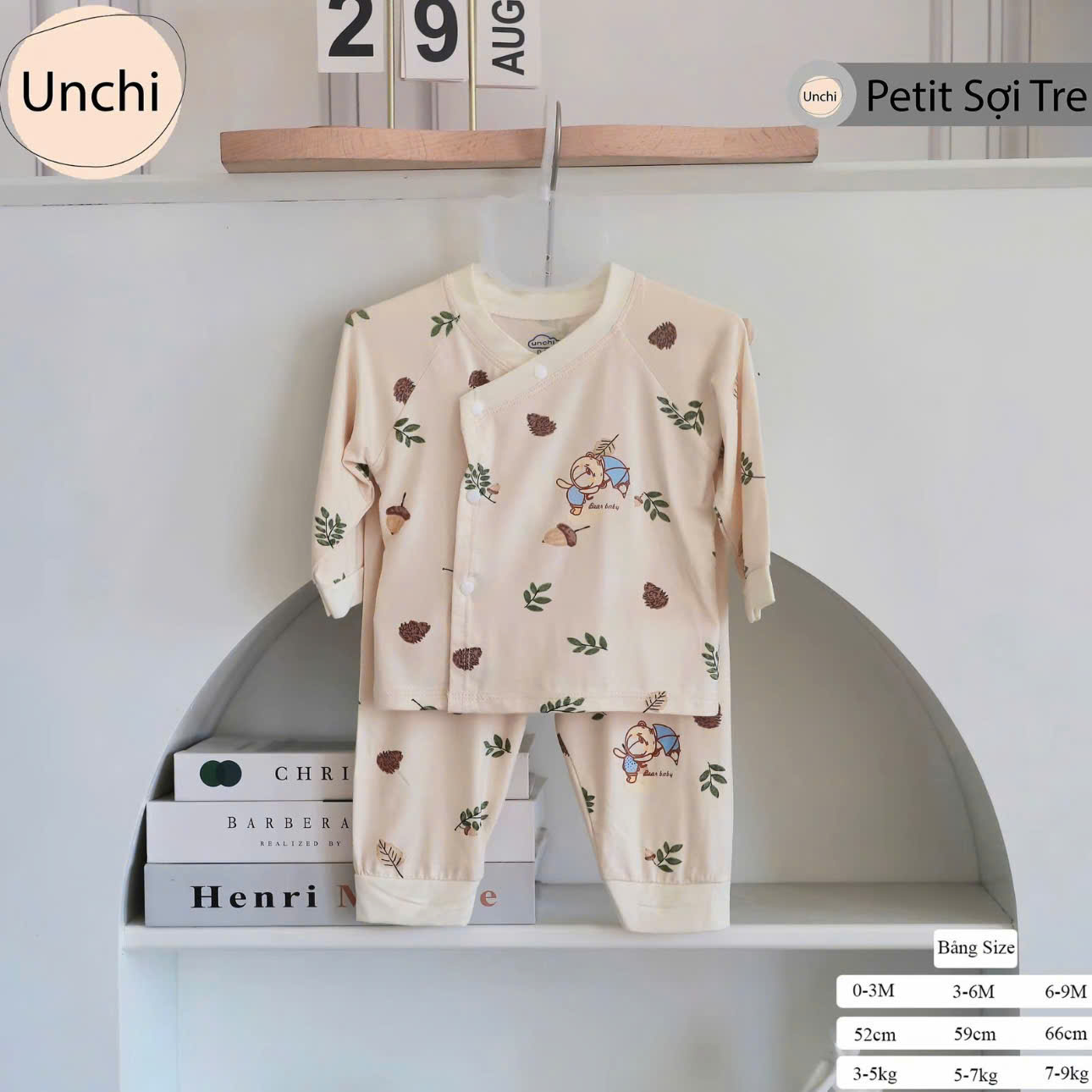 ( UD6 ) Bộ dài tay sơ sinh Unchi nền kem, chất petit họa tiết xinh cho bé 0-9 tháng — ảnh 7