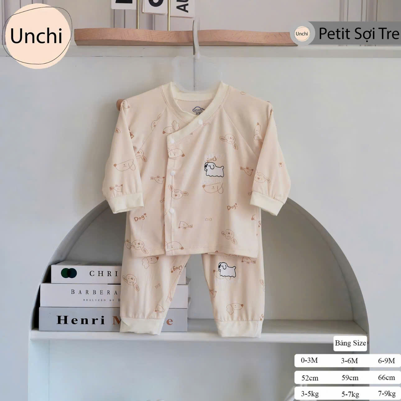 ( UD6 ) Bộ dài tay sơ sinh Unchi nền kem, chất petit họa tiết xinh cho bé 0-9 tháng — ảnh 8
