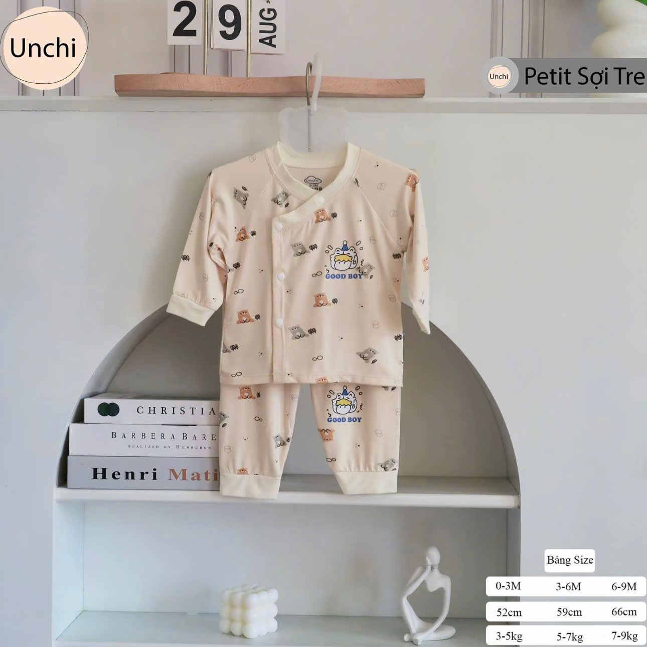 ( UD6 ) Bộ dài tay sơ sinh Unchi nền kem, chất petit họa tiết xinh cho bé 0-9 tháng — ảnh 9