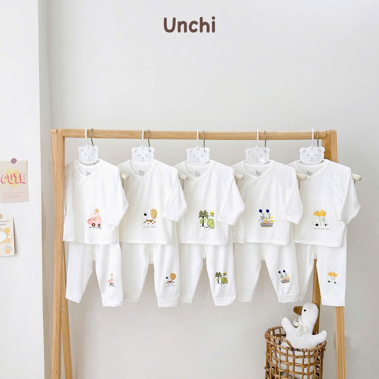 ( UD22 ) Bộ dài tay sơ sinh Unchi cạp cao trắng, vải petit mềm mịn cho bé 0-9 tháng