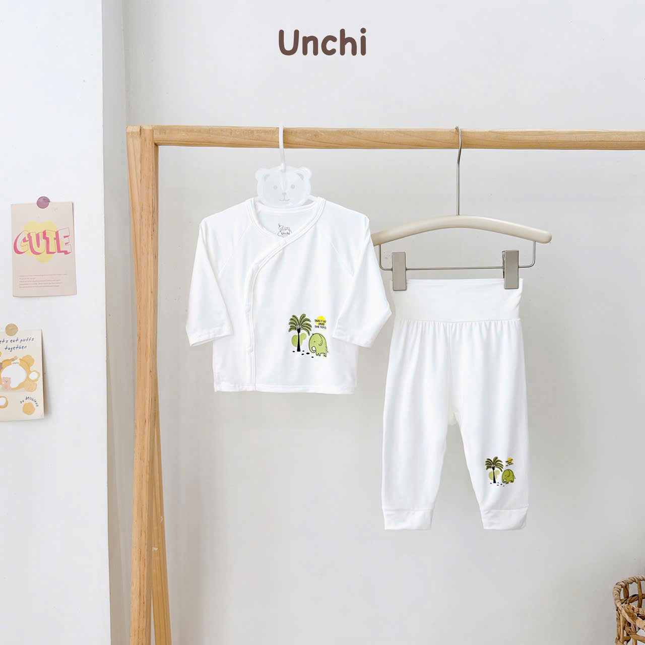 ( UD22 ) Bộ dài tay sơ sinh Unchi cạp cao trắng, vải petit mềm mịn cho bé 0-9 tháng — ảnh 2