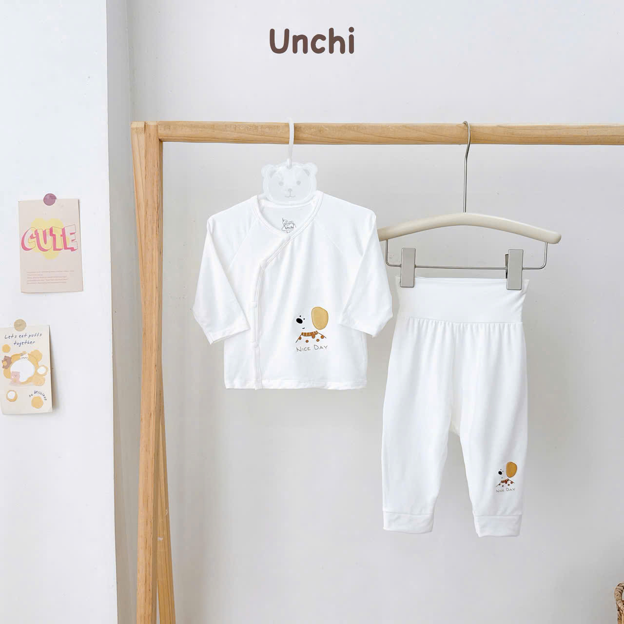 ( UD22 ) Bộ dài tay sơ sinh Unchi cạp cao trắng, vải petit mềm mịn cho bé 0-9 tháng — ảnh 3