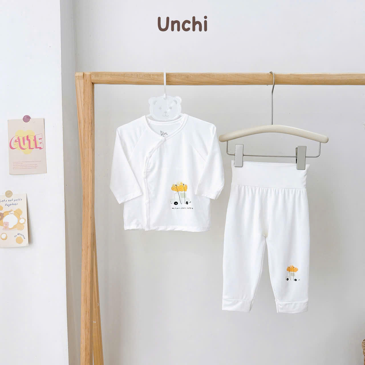 ( UD22 ) Bộ dài tay sơ sinh Unchi cạp cao trắng, vải petit mềm mịn cho bé 0-9 tháng — ảnh 4