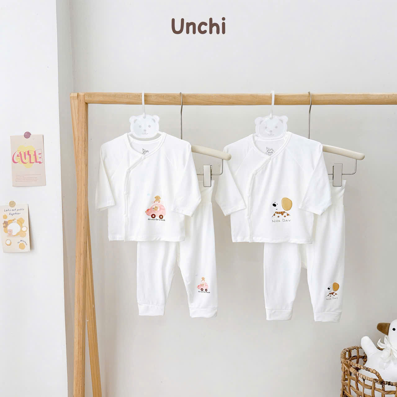 ( UD22 ) Bộ dài tay sơ sinh Unchi cạp cao trắng, vải petit mềm mịn cho bé 0-9 tháng — ảnh 5