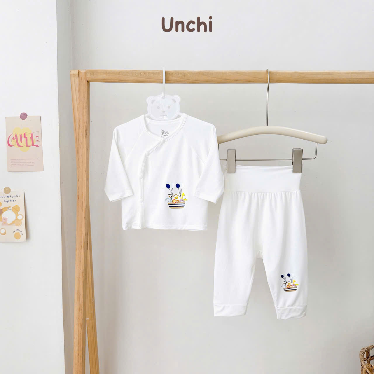 ( UD22 ) Bộ dài tay sơ sinh Unchi cạp cao trắng, vải petit mềm mịn cho bé 0-9 tháng — ảnh 6
