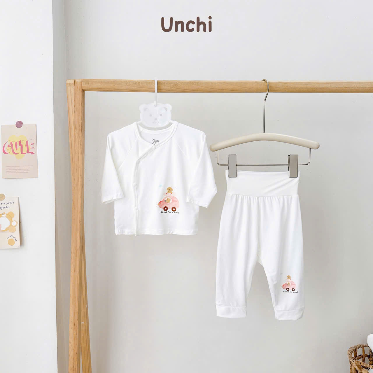 ( UD22 ) Bộ dài tay sơ sinh Unchi cạp cao trắng, vải petit mềm mịn cho bé 0-9 tháng — ảnh 7