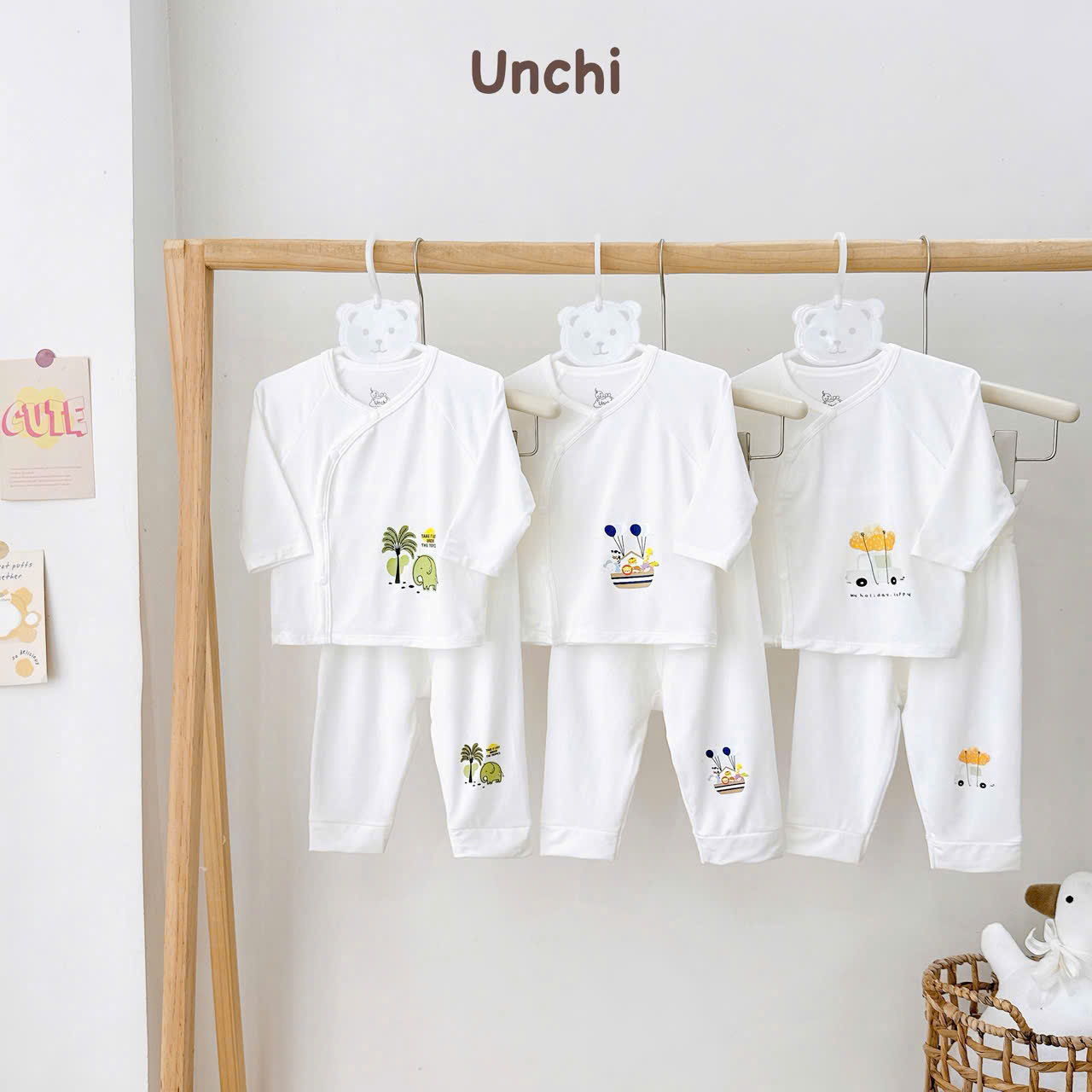 ( UD22 ) Bộ dài tay sơ sinh Unchi cạp cao trắng, vải petit mềm mịn cho bé 0-9 tháng — ảnh 8