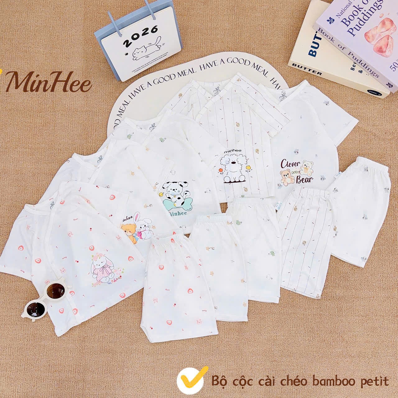 ( MH1 )Bộ cộc tay sơ sinh MinHee, chất petit bamboo cài chéo cho bé 0-9 tháng
