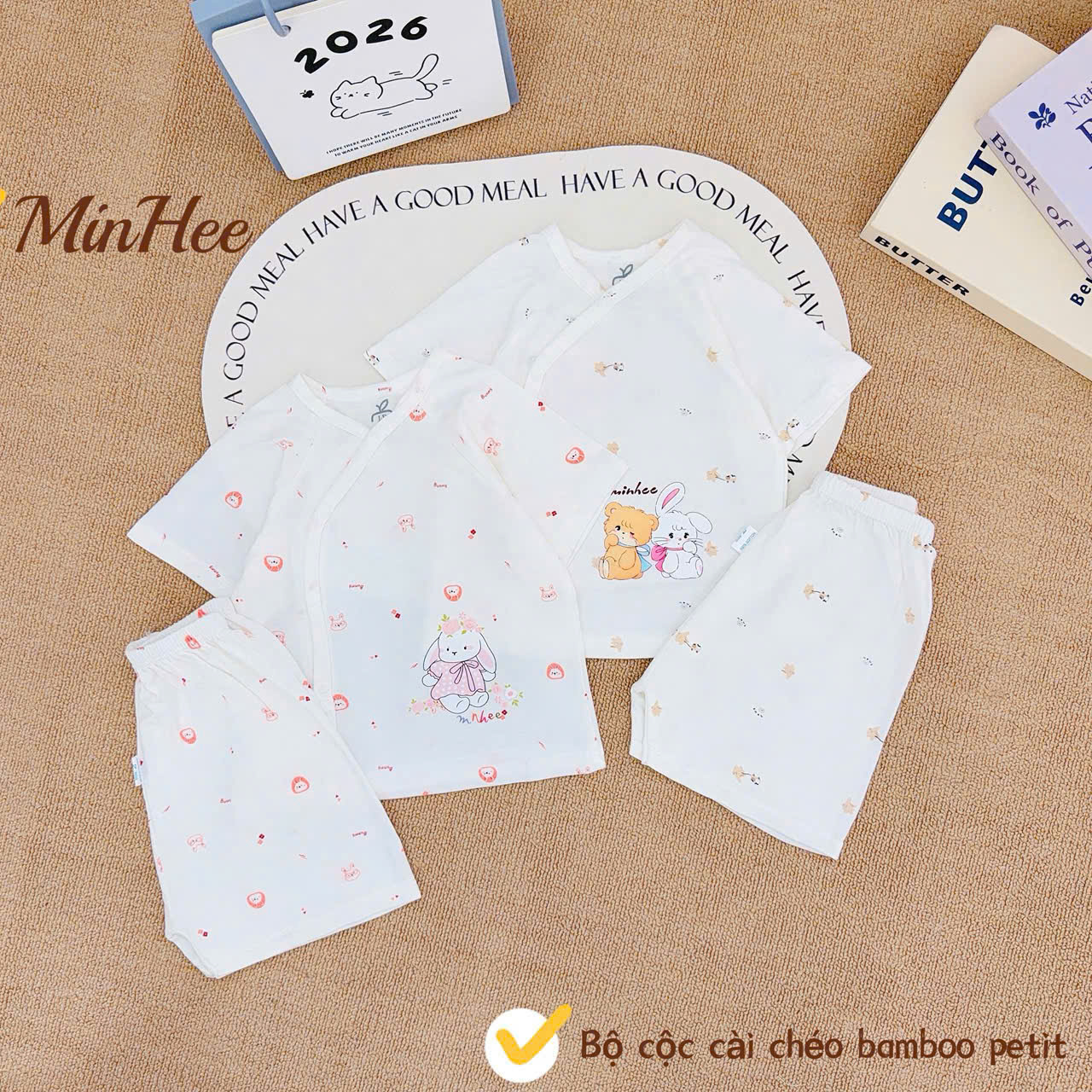 ( MH1 )Bộ cộc tay sơ sinh MinHee, chất petit bamboo cài chéo cho bé 0-9 tháng — ảnh 3