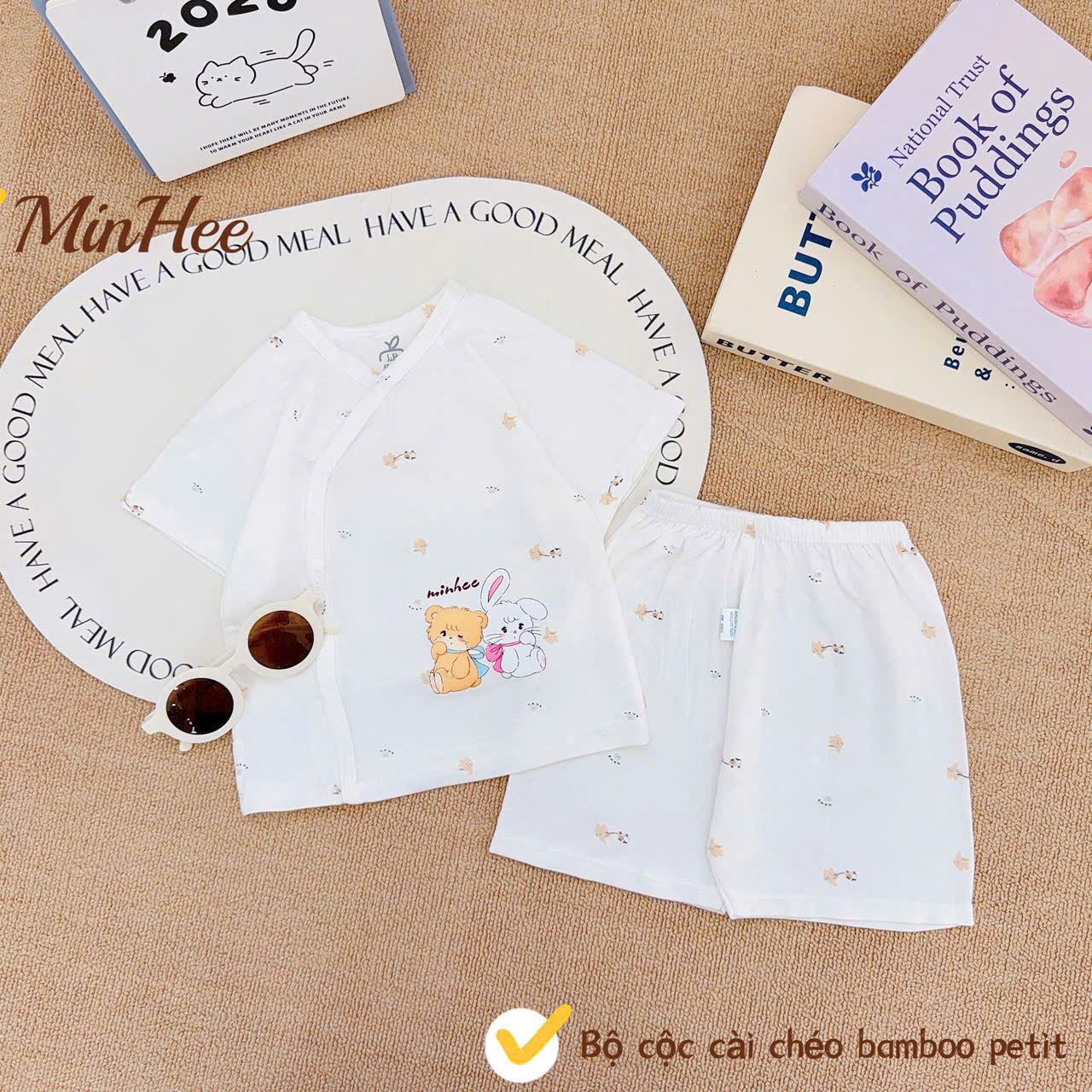 ( MH1 )Bộ cộc tay sơ sinh MinHee, chất petit bamboo cài chéo cho bé 0-9 tháng — ảnh 6