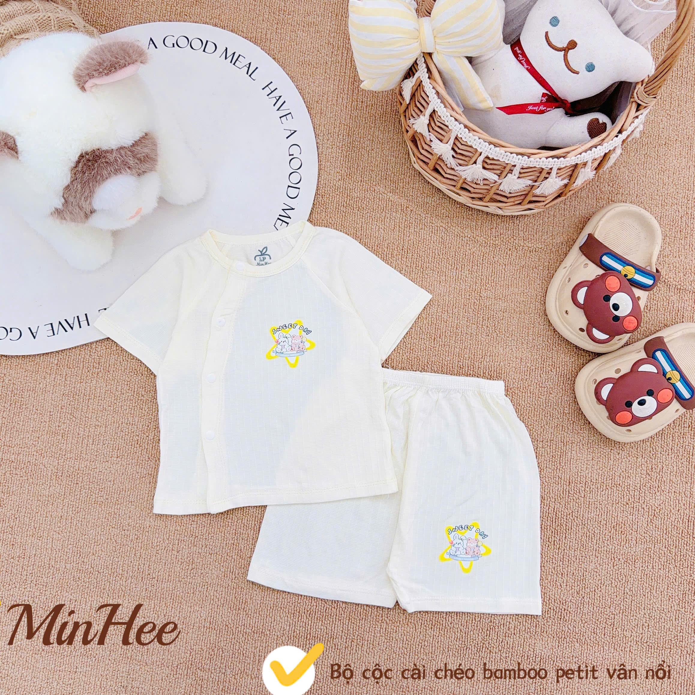 ( MH2 ) Bộ cộc tay sơ sinh MinHee, petit dập vân cài chéo cho bé 0-9 tháng — ảnh 6