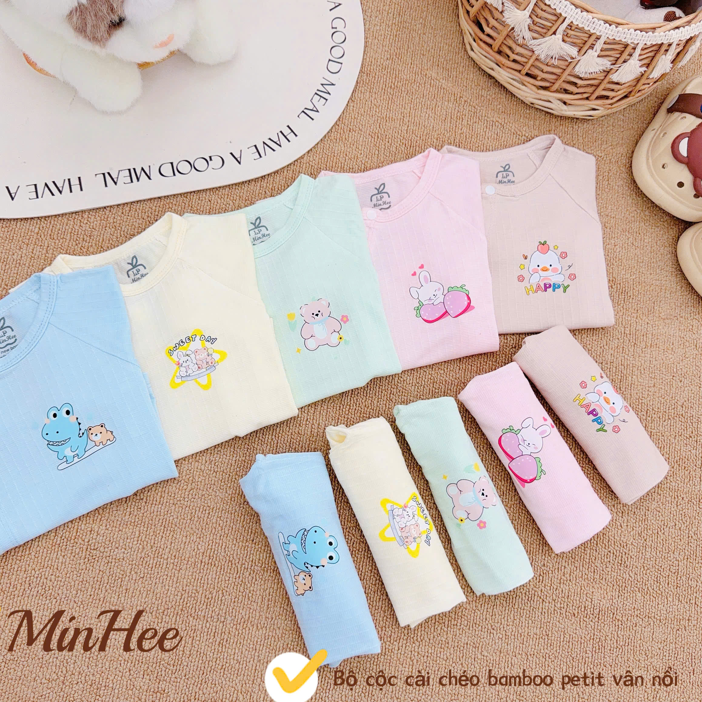 ( MH2 ) Bộ cộc tay sơ sinh MinHee, petit dập vân cài chéo cho bé 0-9 tháng — ảnh 7