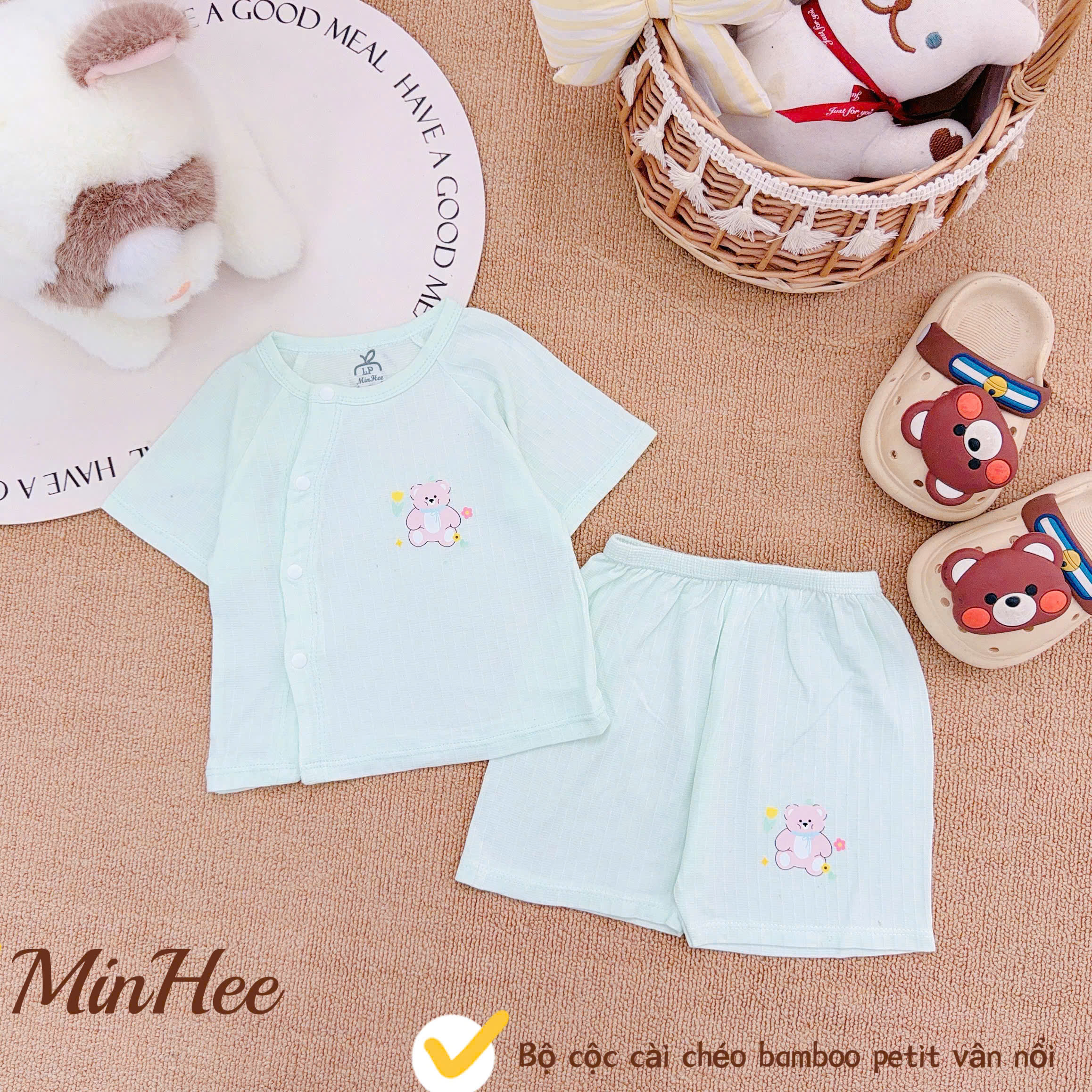 ( MH2 ) Bộ cộc tay sơ sinh MinHee, petit dập vân cài chéo cho bé 0-9 tháng — ảnh 8