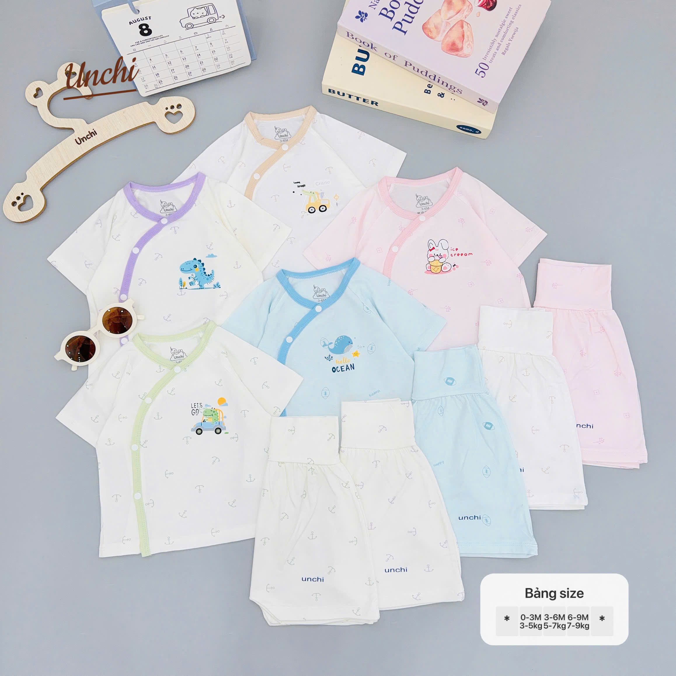 ( UC13 ) Bộ cộc tay sơ sinh Unchi cài chéo - áo + quần đùi cạp cao cho bé 0-9 tháng