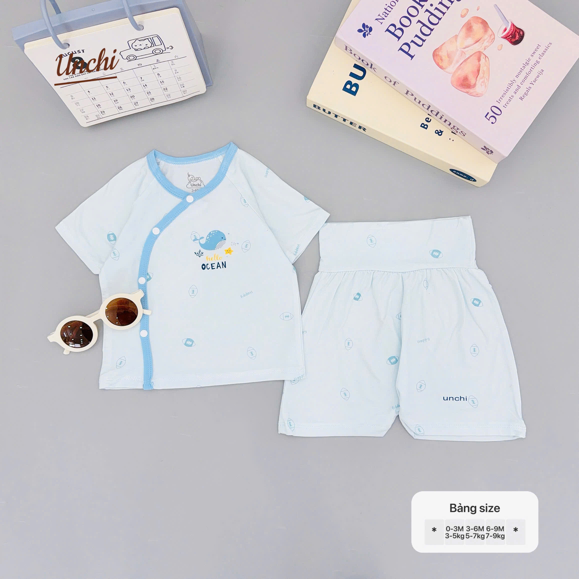 ( UC13 ) Bộ cộc tay sơ sinh Unchi cài chéo - áo + quần đùi cạp cao cho bé 0-9 tháng — ảnh 2