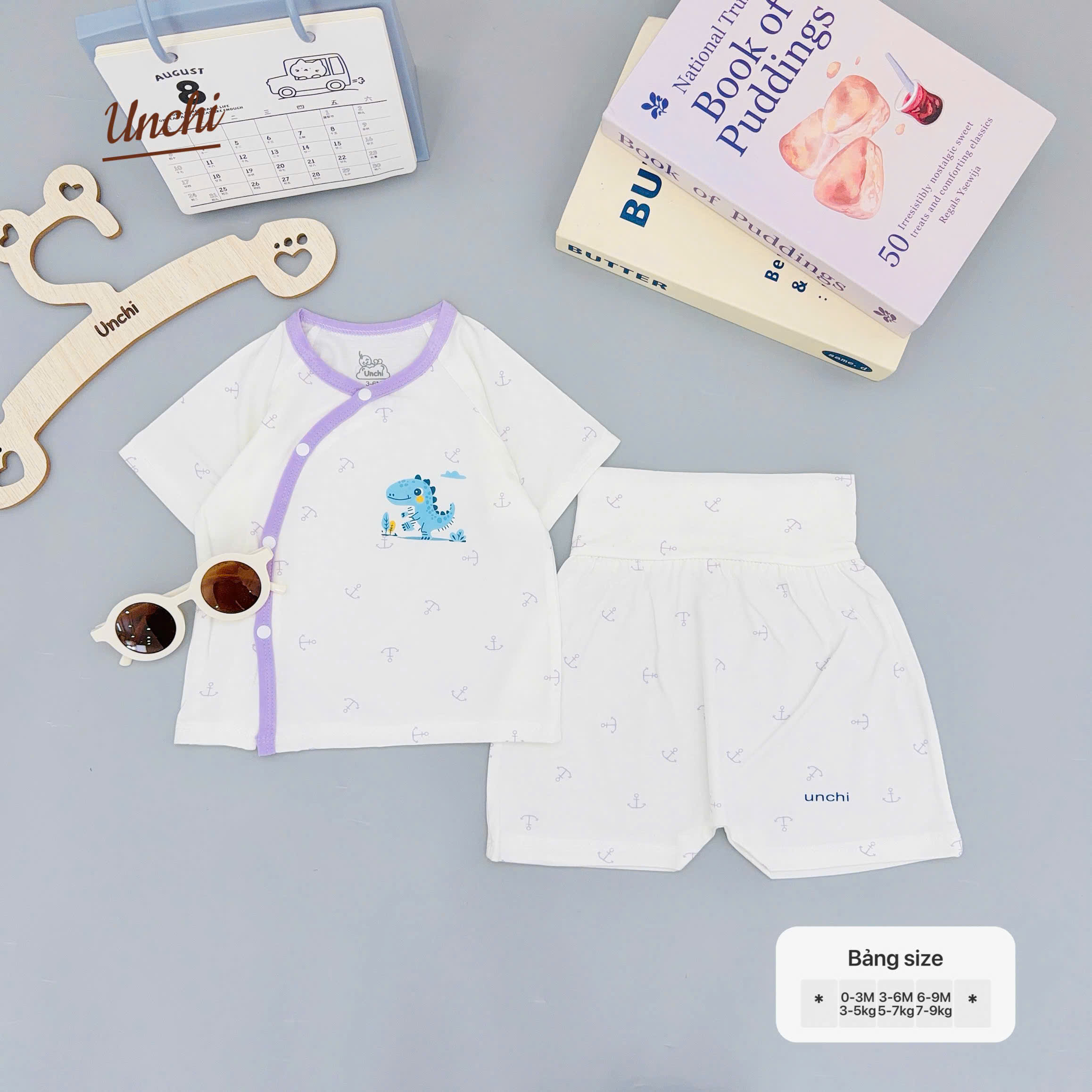 ( UC13 ) Bộ cộc tay sơ sinh Unchi cài chéo - áo + quần đùi cạp cao cho bé 0-9 tháng — ảnh 3