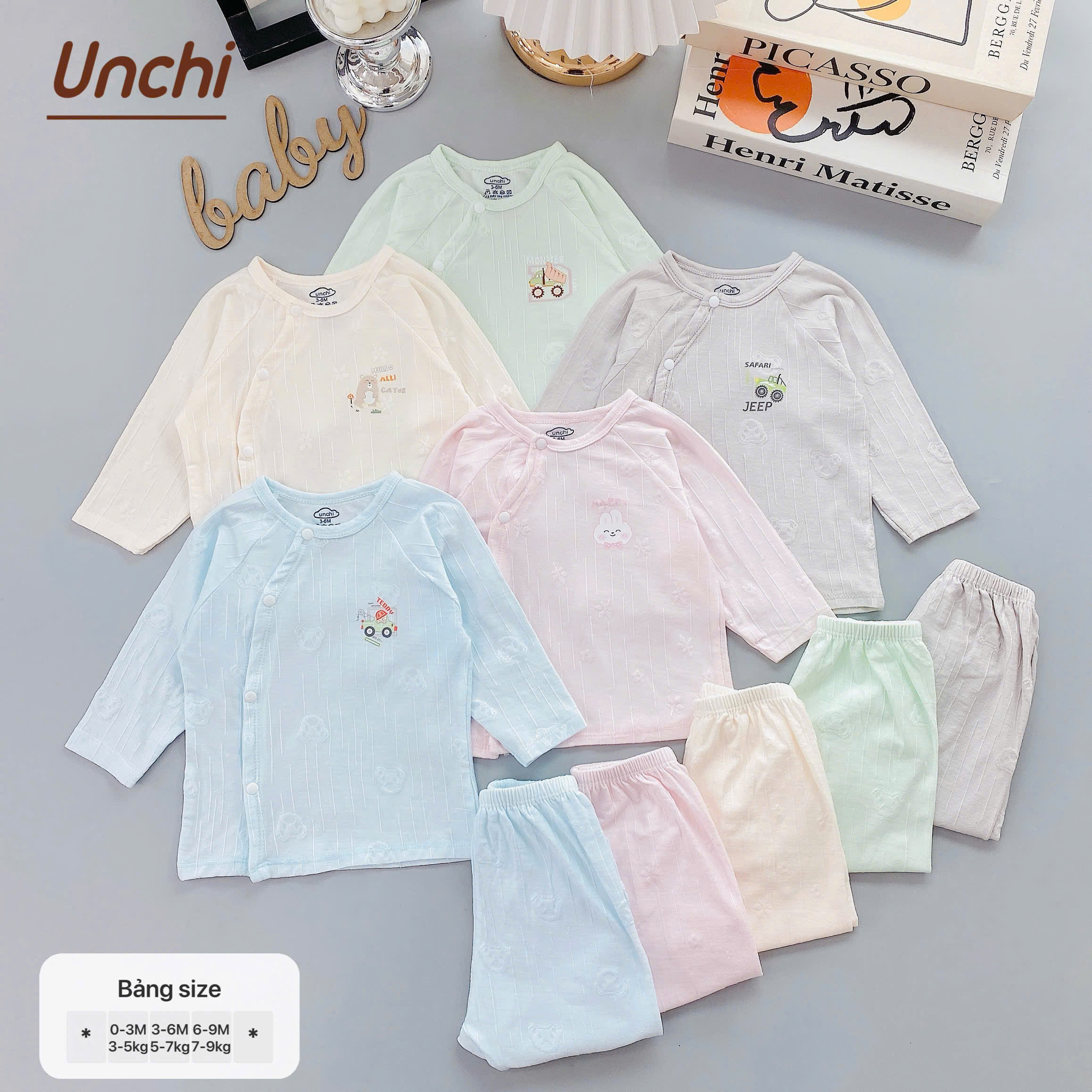 ( UD5 ) Bộ dài tay sơ sinh Unchi vải dệt nổi hình gấu - cài cúc lệch cho bé 0-9 tháng