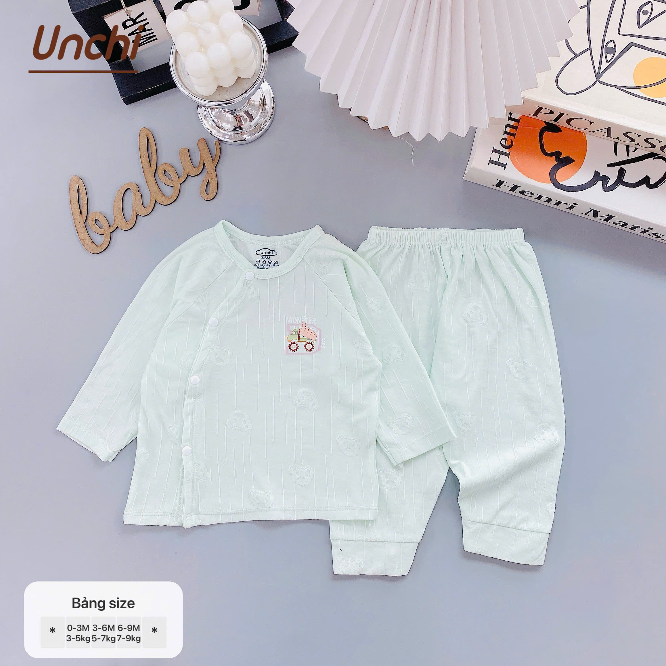 ( UD5 ) Bộ dài tay sơ sinh Unchi vải dệt nổi hình gấu - cài cúc lệch cho bé 0-9 tháng — ảnh 3