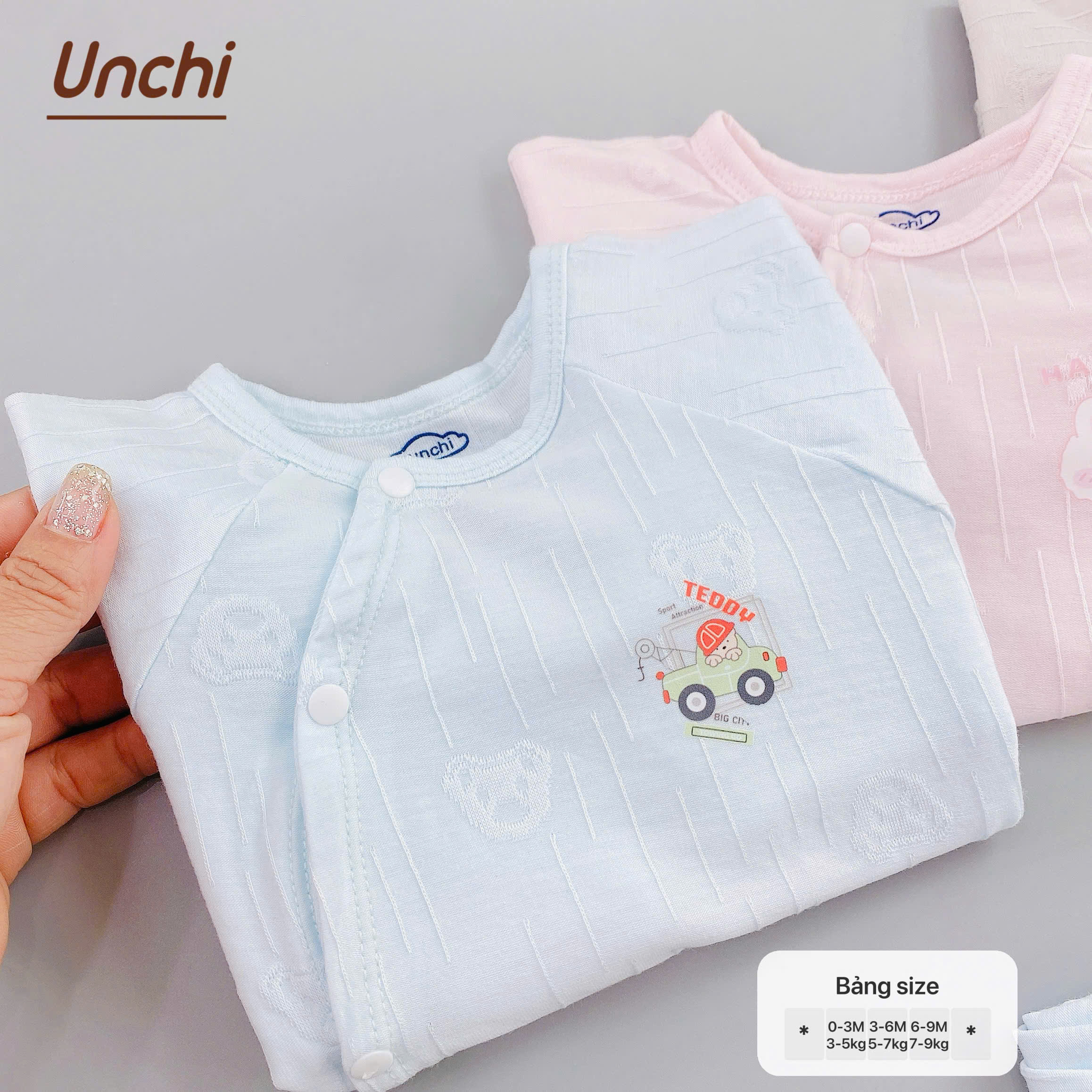 ( UD5 ) Bộ dài tay sơ sinh Unchi vải dệt nổi hình gấu - cài cúc lệch cho bé 0-9 tháng — ảnh 6