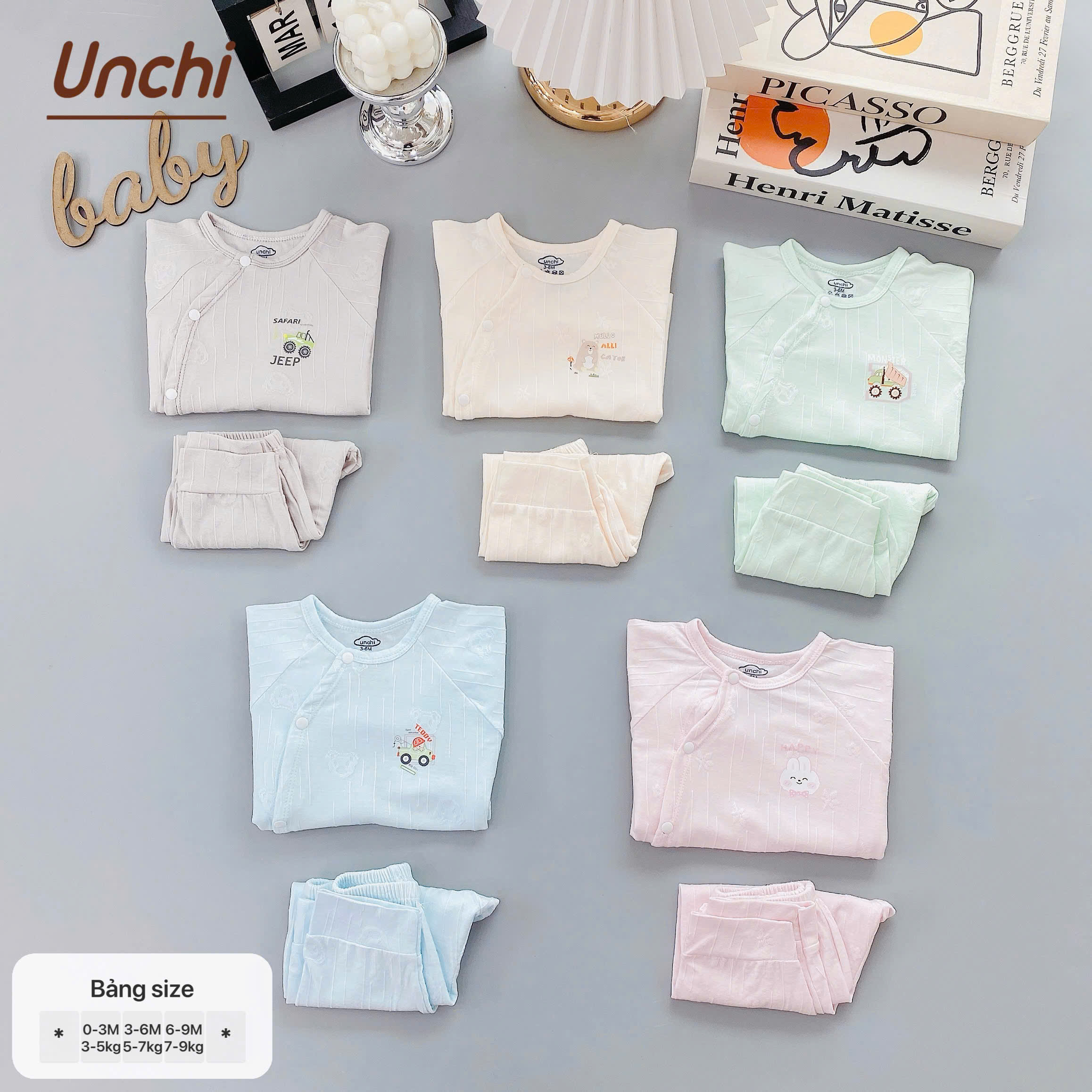 ( UD5 ) Bộ dài tay sơ sinh Unchi vải dệt nổi hình gấu - cài cúc lệch cho bé 0-9 tháng — ảnh 7