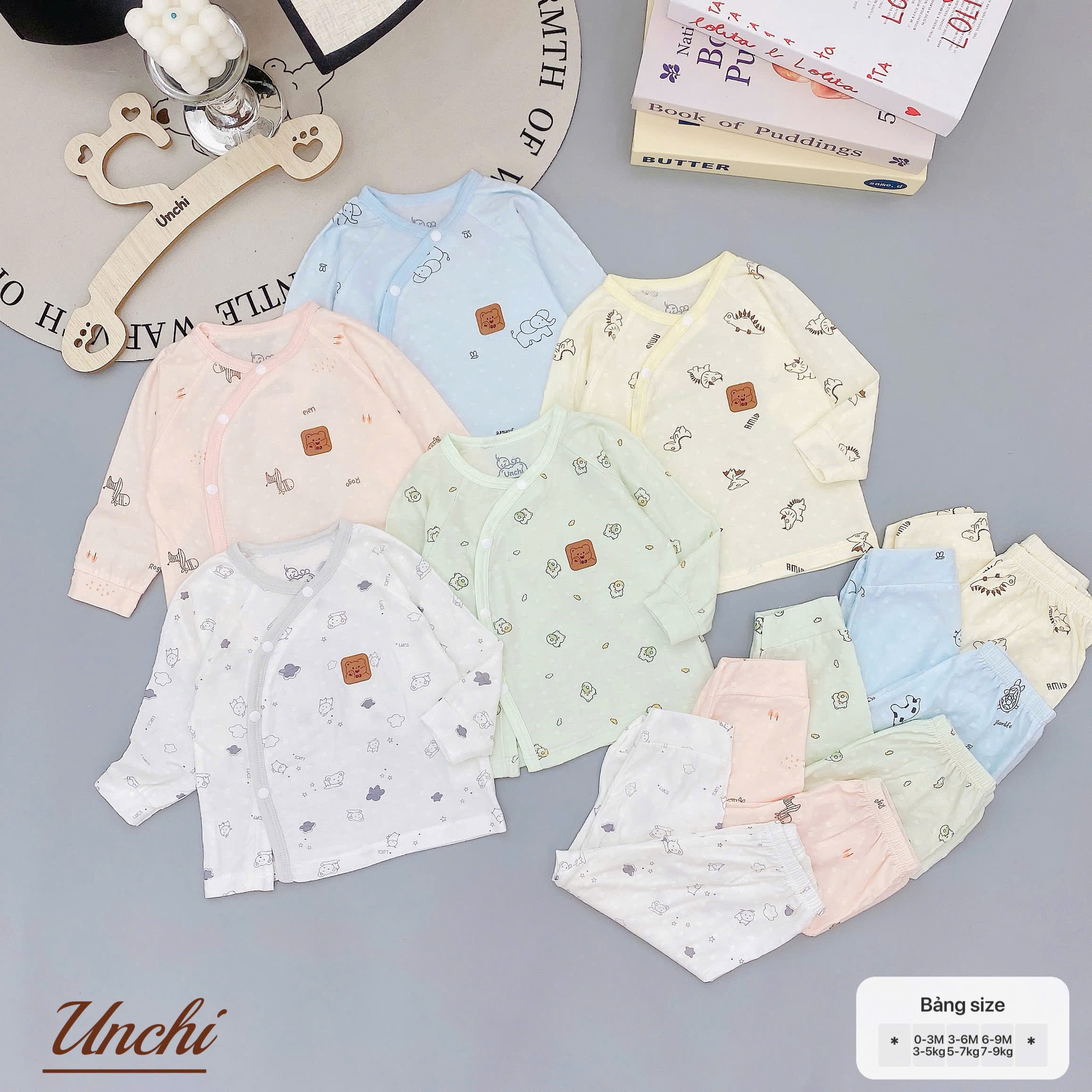 ( UD20 ) Bộ dài tay sơ sinh Unchi cài chéo - cotton lỗ thoáng khí cho bé 0-9 tháng