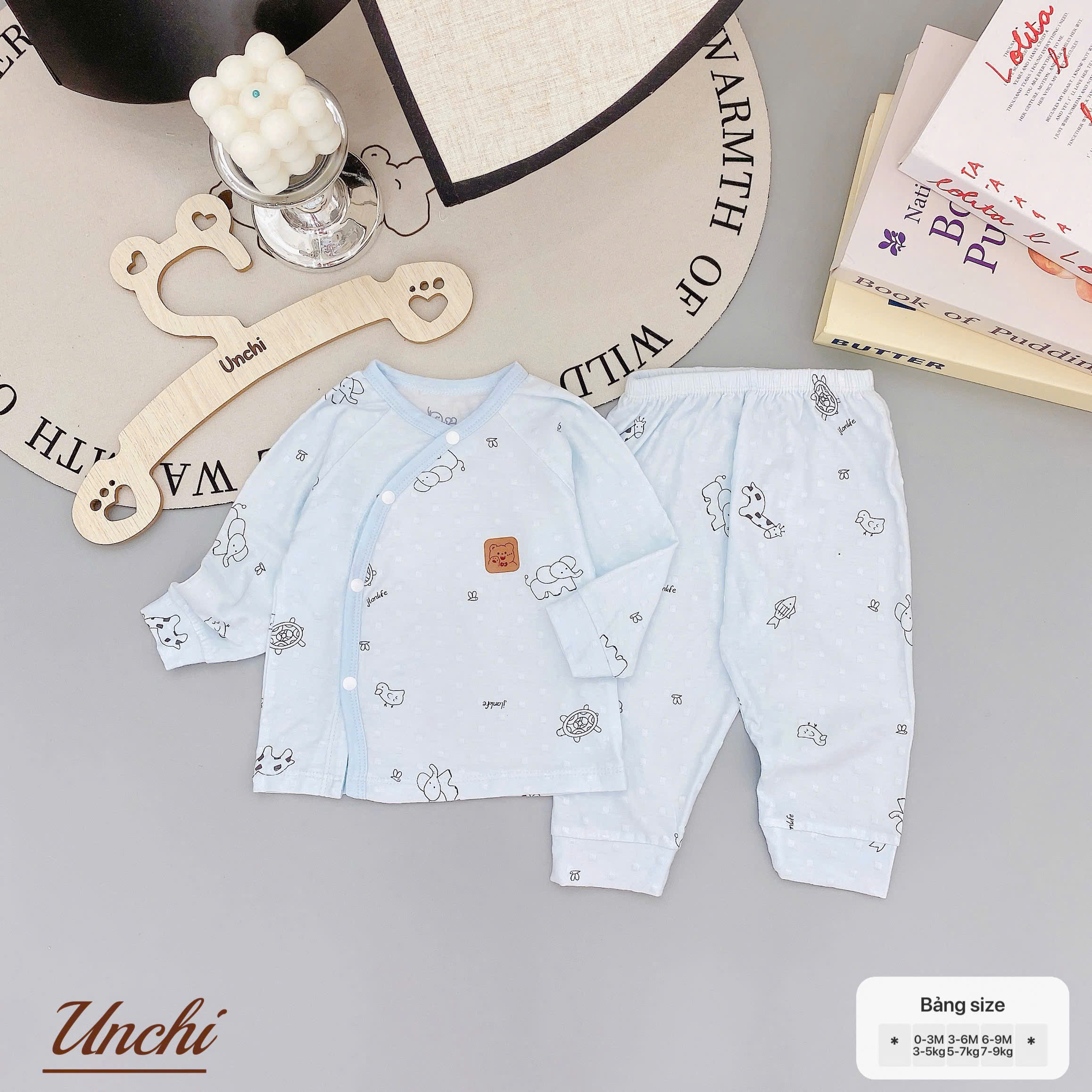 ( UD20 ) Bộ dài tay sơ sinh Unchi cài chéo - cotton lỗ thoáng khí cho bé 0-9 tháng — ảnh 3