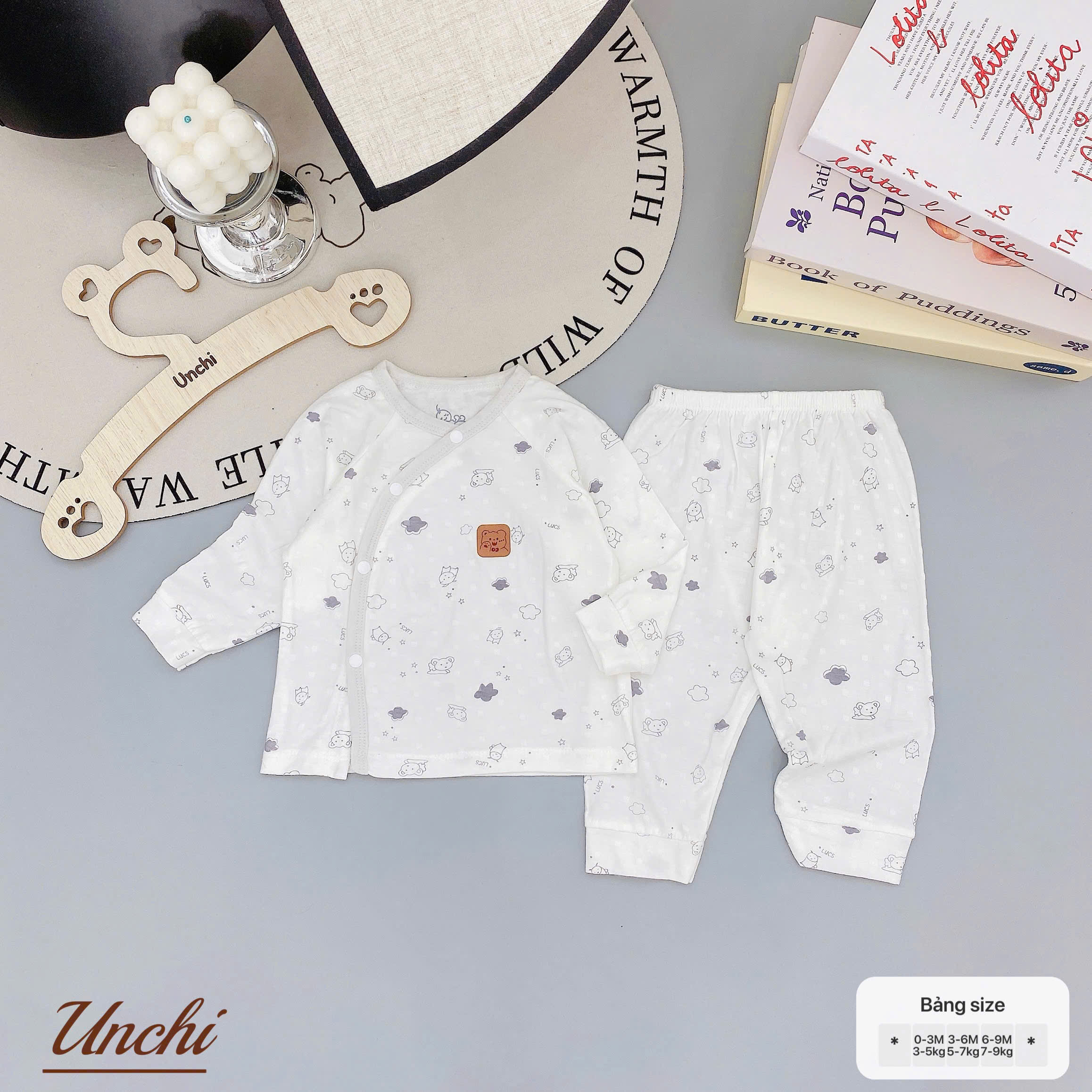 ( UD20 ) Bộ dài tay sơ sinh Unchi cài chéo - cotton lỗ thoáng khí cho bé 0-9 tháng — ảnh 4