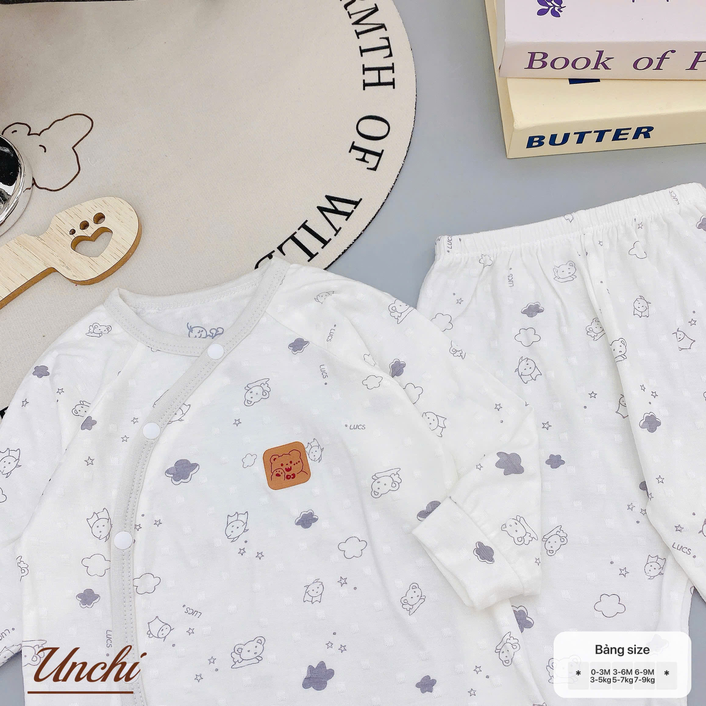 ( UD20 ) Bộ dài tay sơ sinh Unchi cài chéo - cotton lỗ thoáng khí cho bé 0-9 tháng — ảnh 5